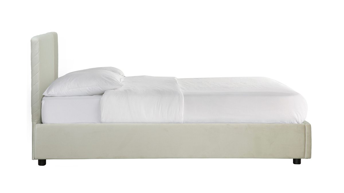 Lit coffre avec sommier et tte de lit  motif en velours beige 160 x 200 cm RIGA