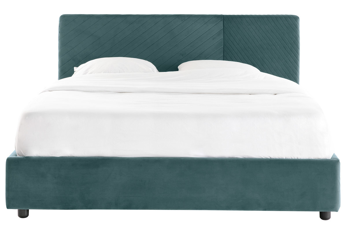 Lit coffre avec sommier et t�te de lit � motif en velours bleu paon 160 x 200 cm RIGA