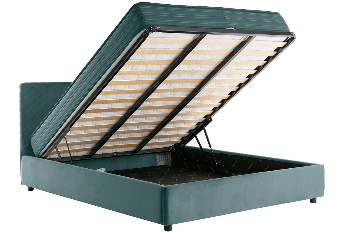 Lit coffre avec sommier et t�te de lit � motif en velours bleu paon 160 x 200 cm RIGA