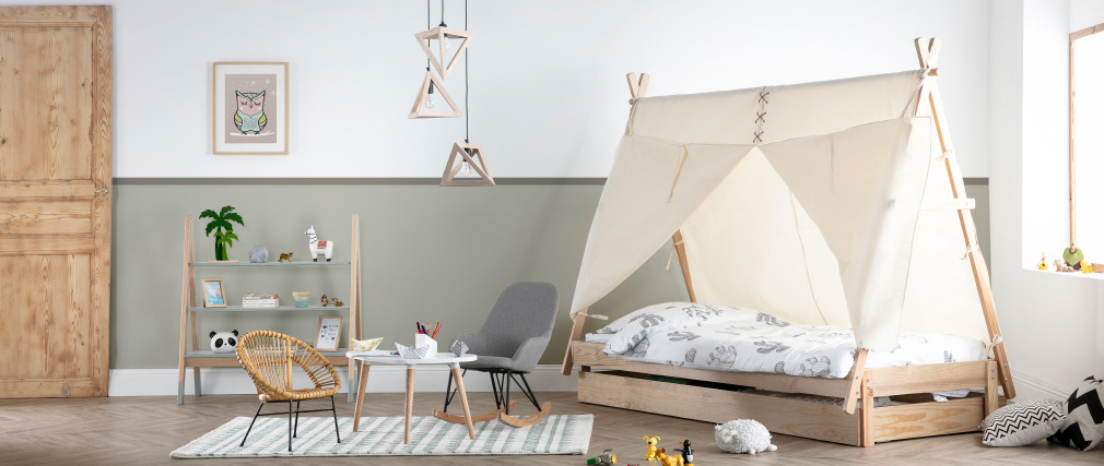 Lit enfant tipi avec rangement bois et coton naturel APACHE