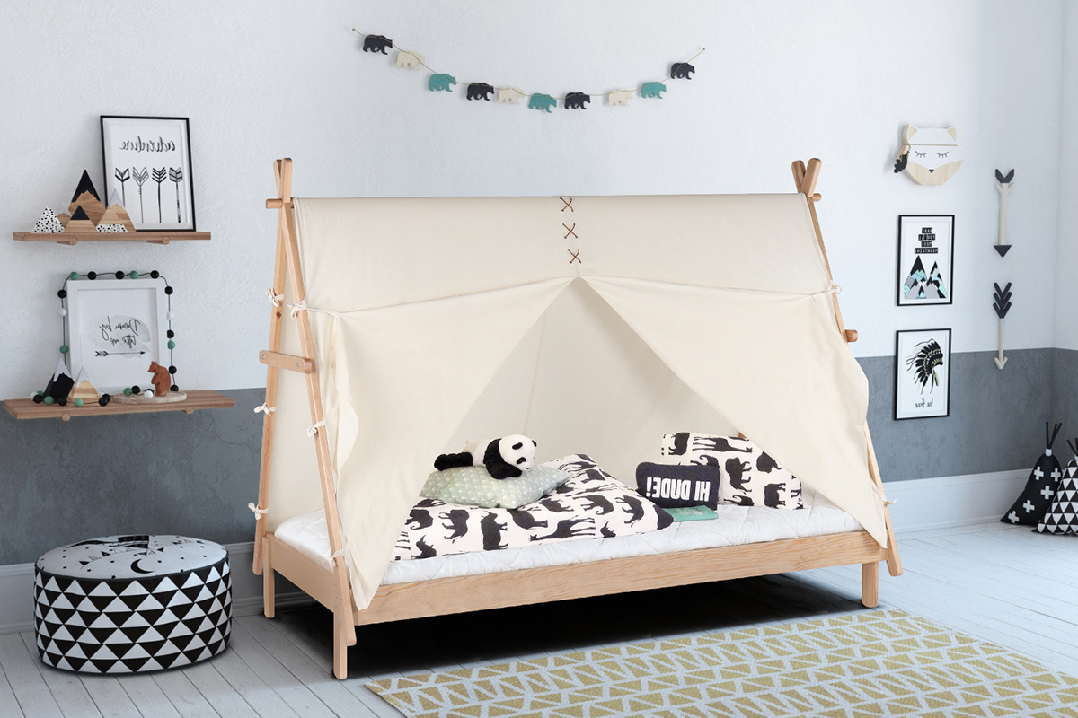 Lit enfant tipi bois et tissu coton naturel APACHE