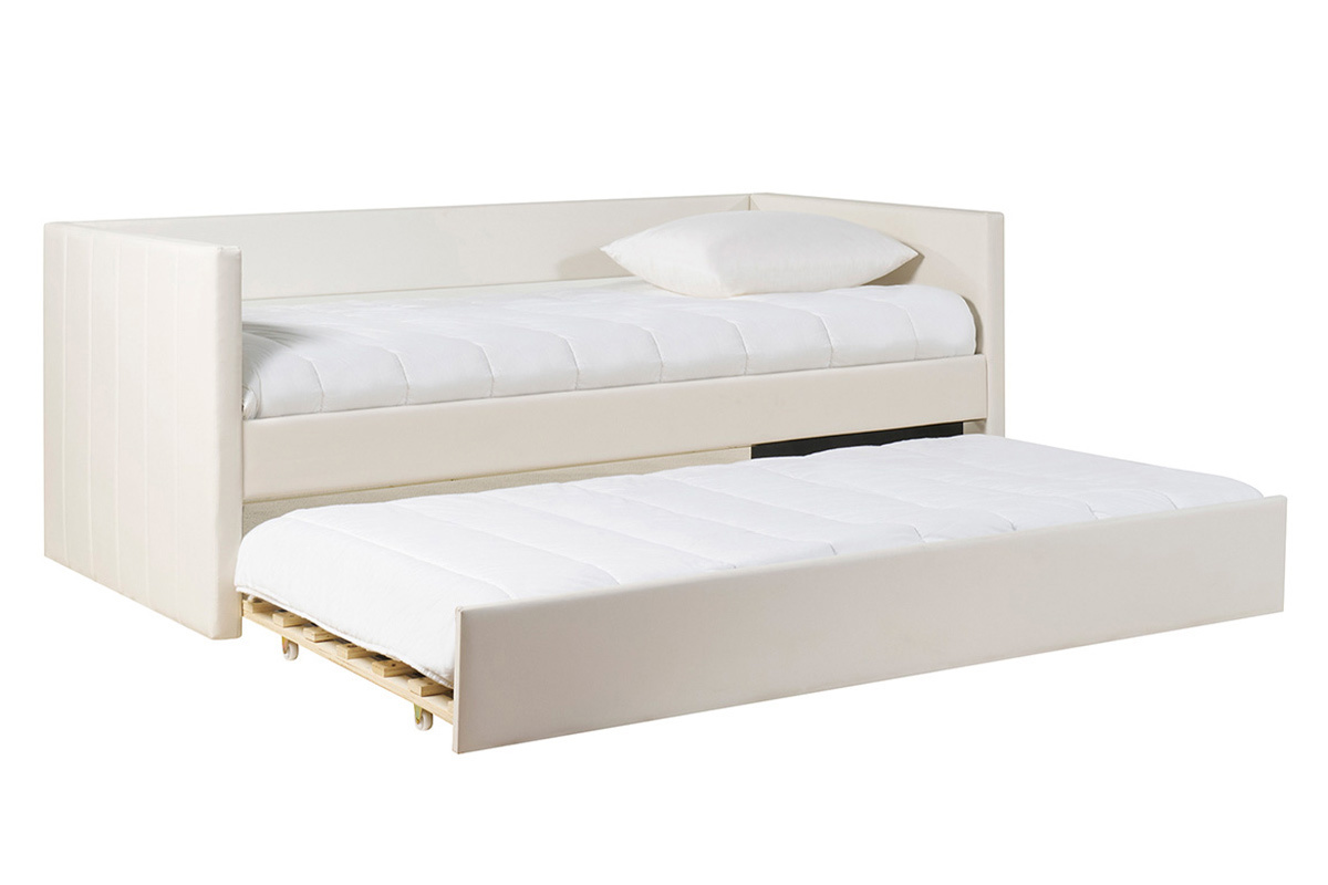 Lit gigogne blanc 90x190 cm avec deuxime lit tiroir dpli, vue de trois-quarts.