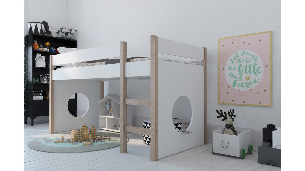 Lit mezzanine enfant avec panneaux amovibles blanc et bois clair ALTO