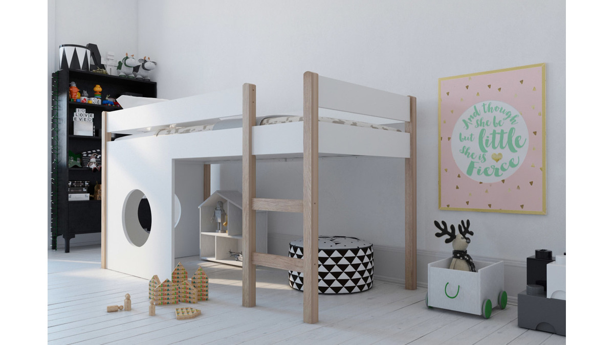 Lit mezzanine enfant avec panneaux amovibles blanc et bois clair ALTO