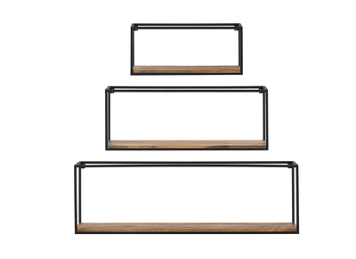 Lot de 3 &eacute;tag&egrave;res murales rectangles m&eacute;tal noir et manguier YPSTER