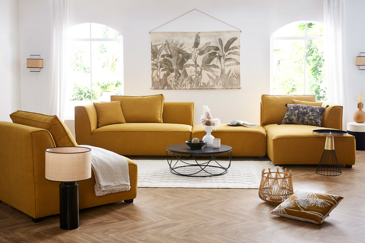 Mridienne angle droit en tissu jaune cumin PLURIEL