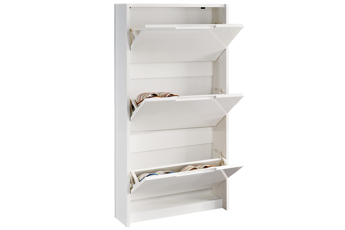 Meuble � chaussures design blanc laqu� brillant 3 tiroirs L64 cm INCO