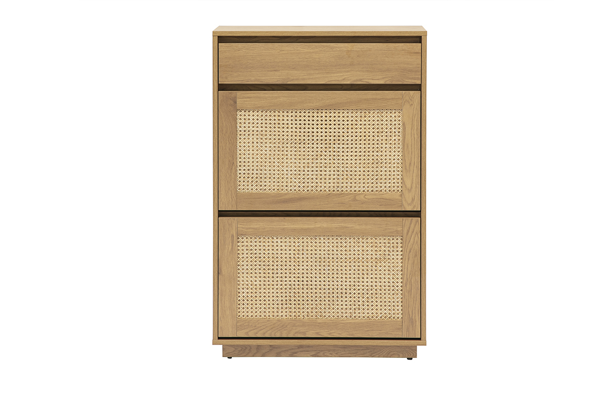 Meuble  chaussures en bois clair et rotin, vue frontale.