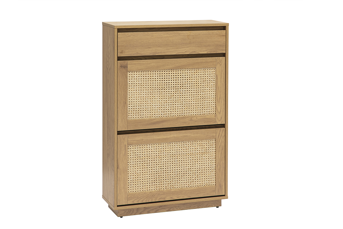 Meuble  chaussures finition bois clair et cannage rotin, vue de 3/4.