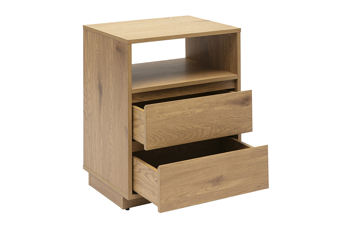 Meuble de rangement en bois clair avec deux tiroirs ouverts et une niche, vue de 3/4.