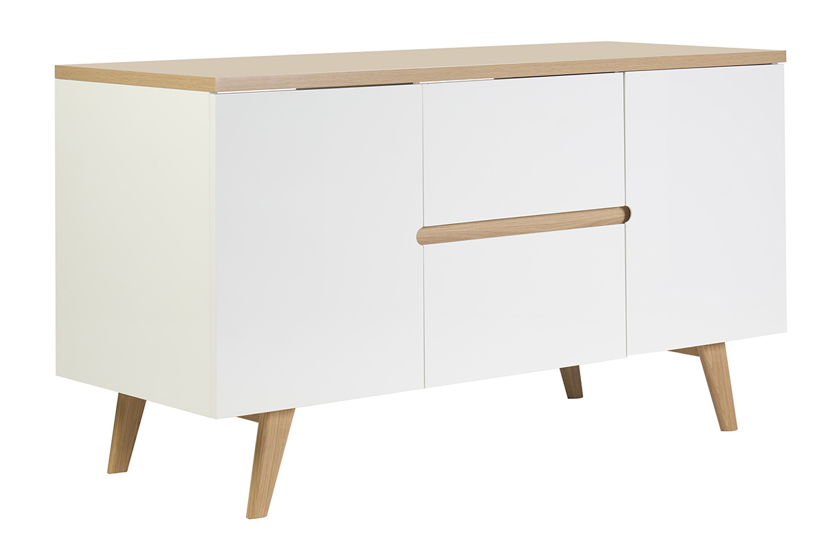Meuble de salle de bain blanc laqu� et bois clair, vue de 3/4, dimensions L140 cm.