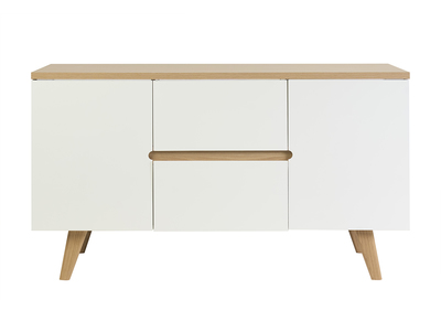 Meuble de salle de bain blanc laqu&eacute; brillant et bois clair L140 cm MELKA