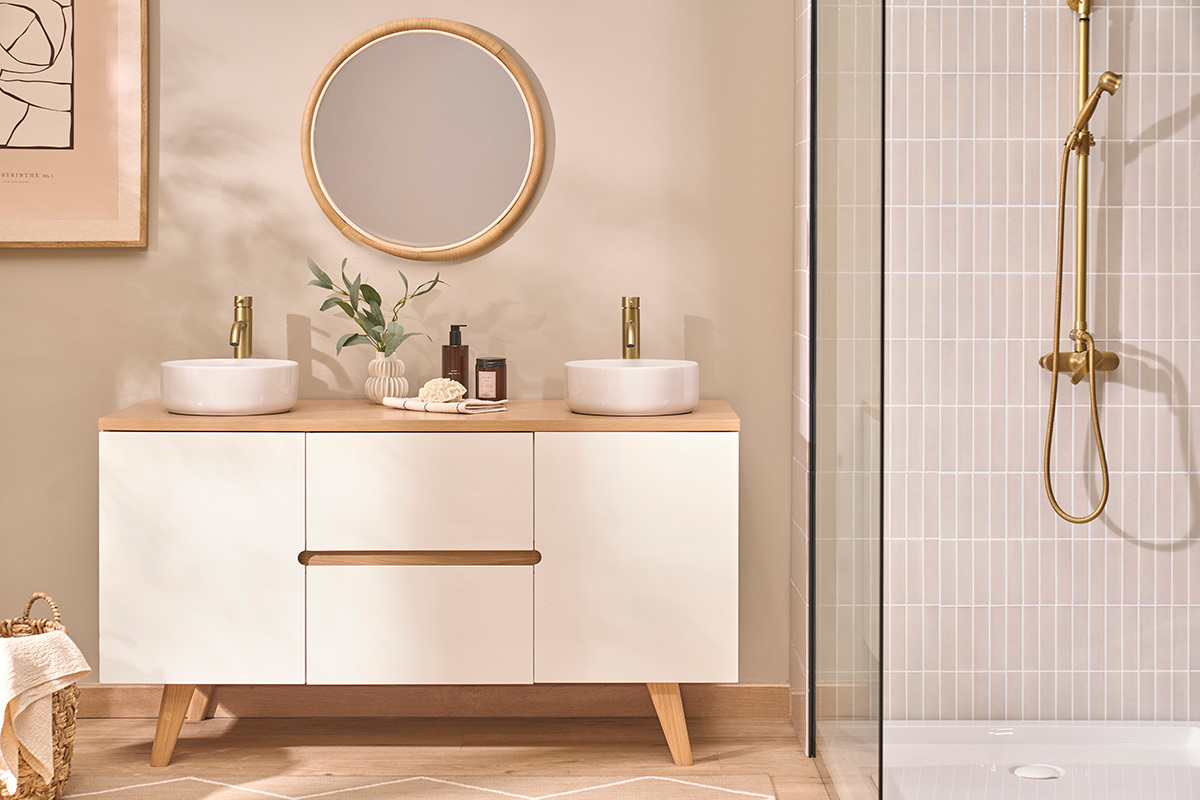 Meuble de salle de bain blanc laqu� brillant et finition bois clair L140 cm MELKA
