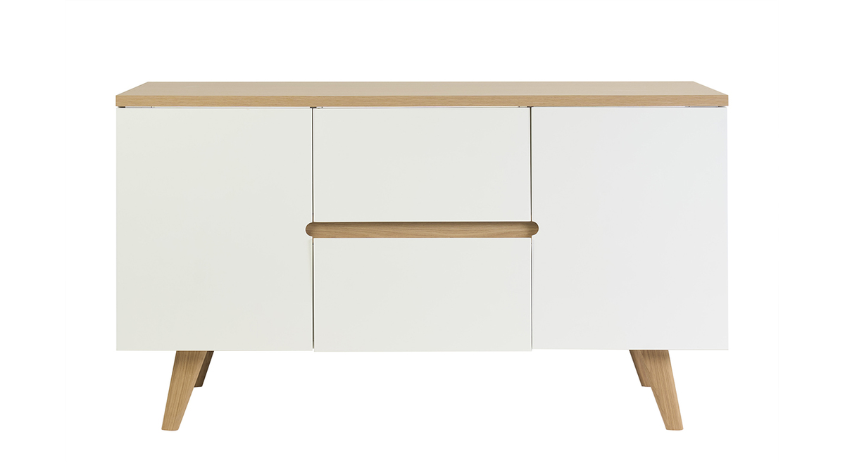 Meuble de salle de bain blanc laqu� brillant et finition bois clair L140 cm MELKA