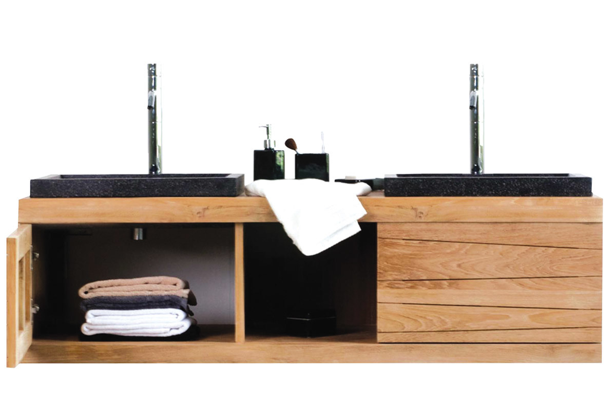 Meuble de salle de bain double vasques suspendu en teck ANKO