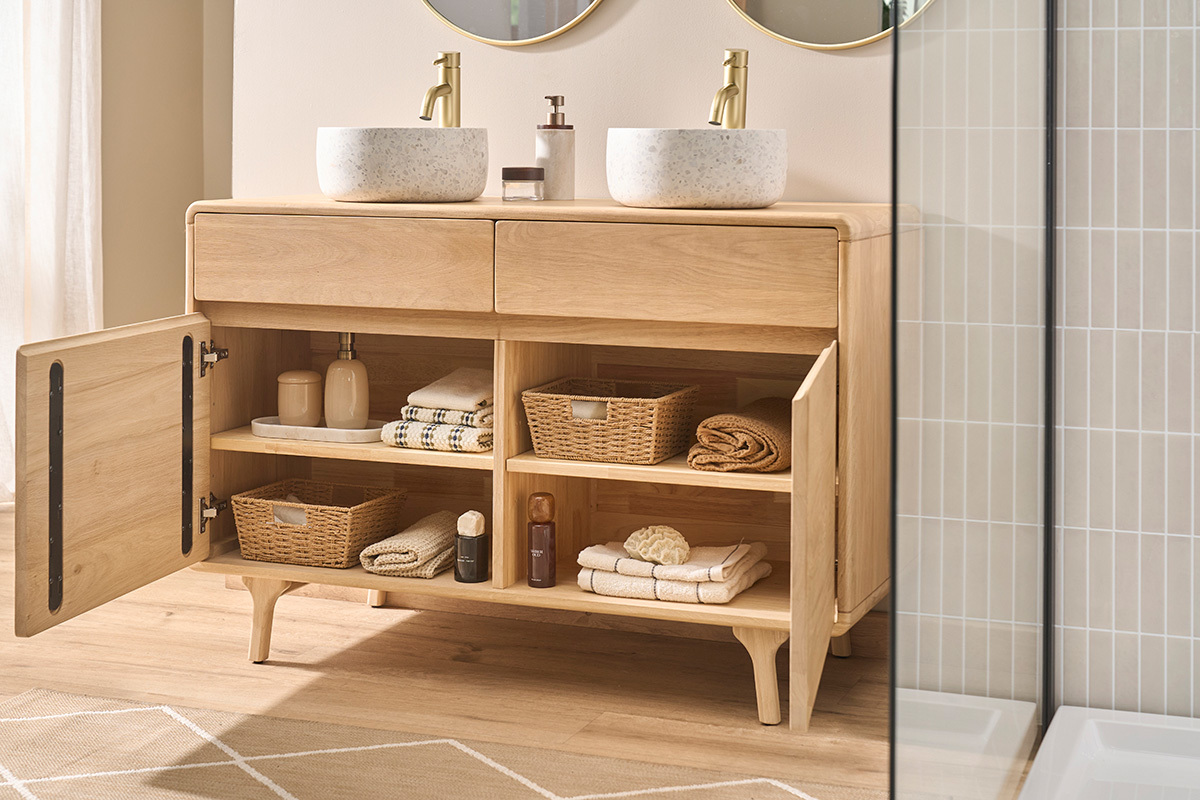 Meuble de salle de bain en bois ch�ne massif, ouvert, avec tiroirs et rangements, style scandinave