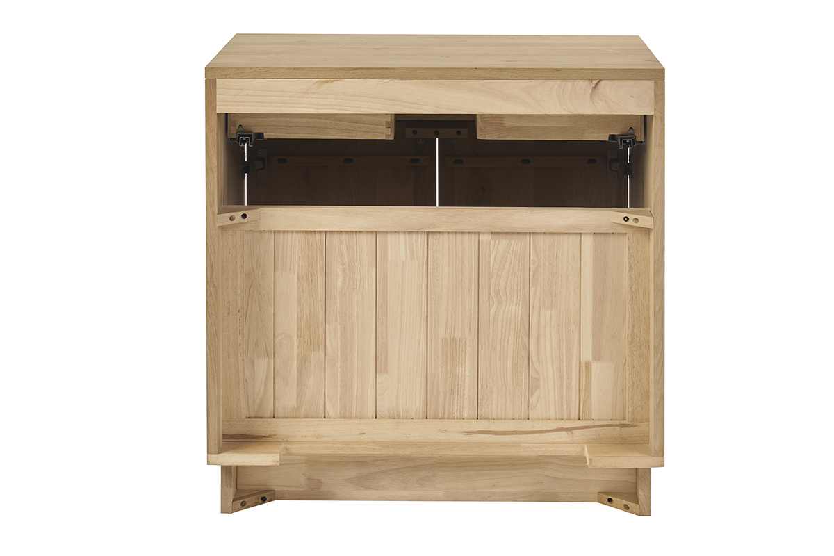 Meuble de salle de bain en bois ch�ne massif, vue de dos avec tiroir et portes ouvertes