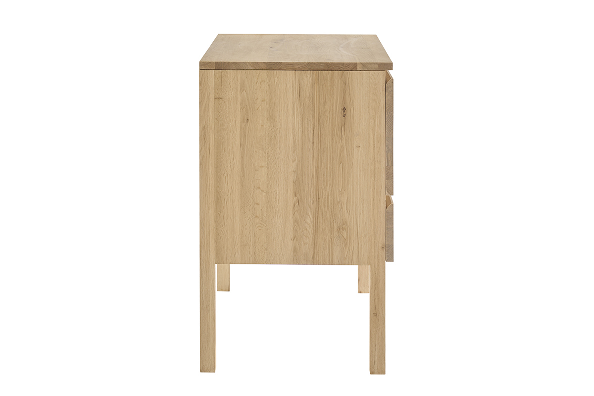 Meuble de salle de bain en bois ch�ne massif, vue de profil, avec deux tiroirs et pieds carr�s.