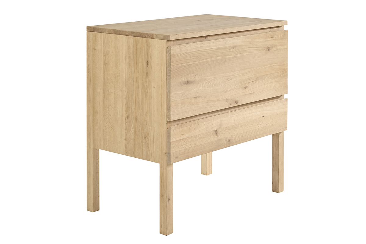 Meuble de salle de bain en bois ch�ne massif, vue de trois quarts, deux tiroirs sans poign�es.