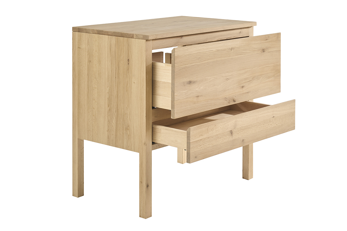 Meuble de salle de bain en bois ch�ne massif L80 cm JOSHUA, angle 3/4 avec tiroirs ouverts