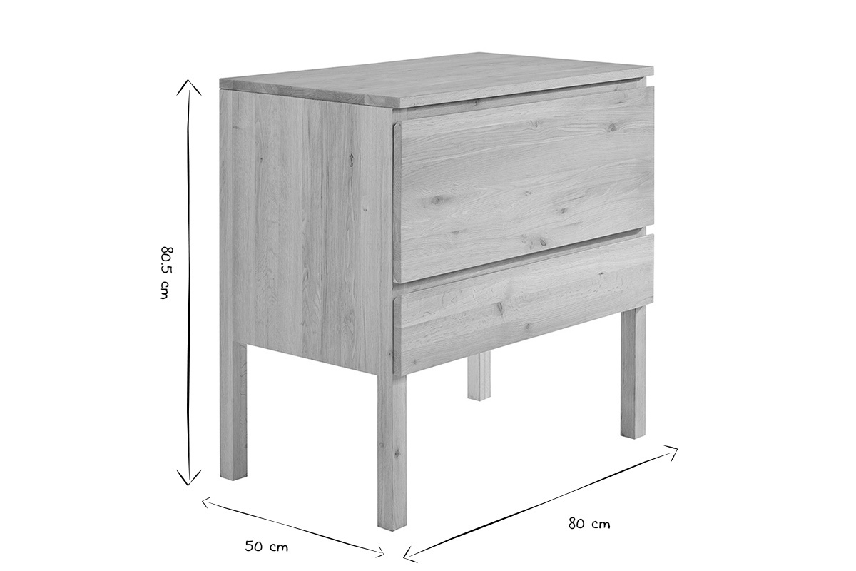 Dimensions du meuble de salle de bain en bois ch�ne massif, L80 cm, H80,5 cm, P50 cm en noir et blanc.