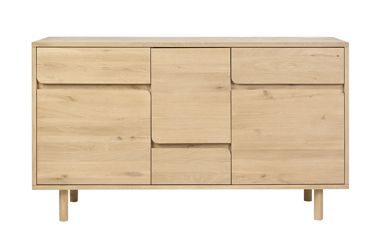 Meuble de salle de bain en bois clair ch�ne massif avec rangement, vue de face.