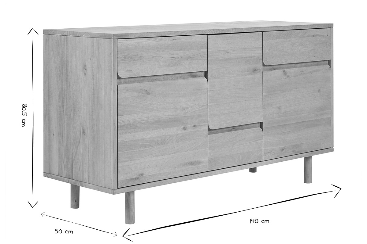 Dimensions du meuble de salle de bain en bois clair ch�ne massif, 140 cm x 50 cm x 80.5 cm, noir et blanc.