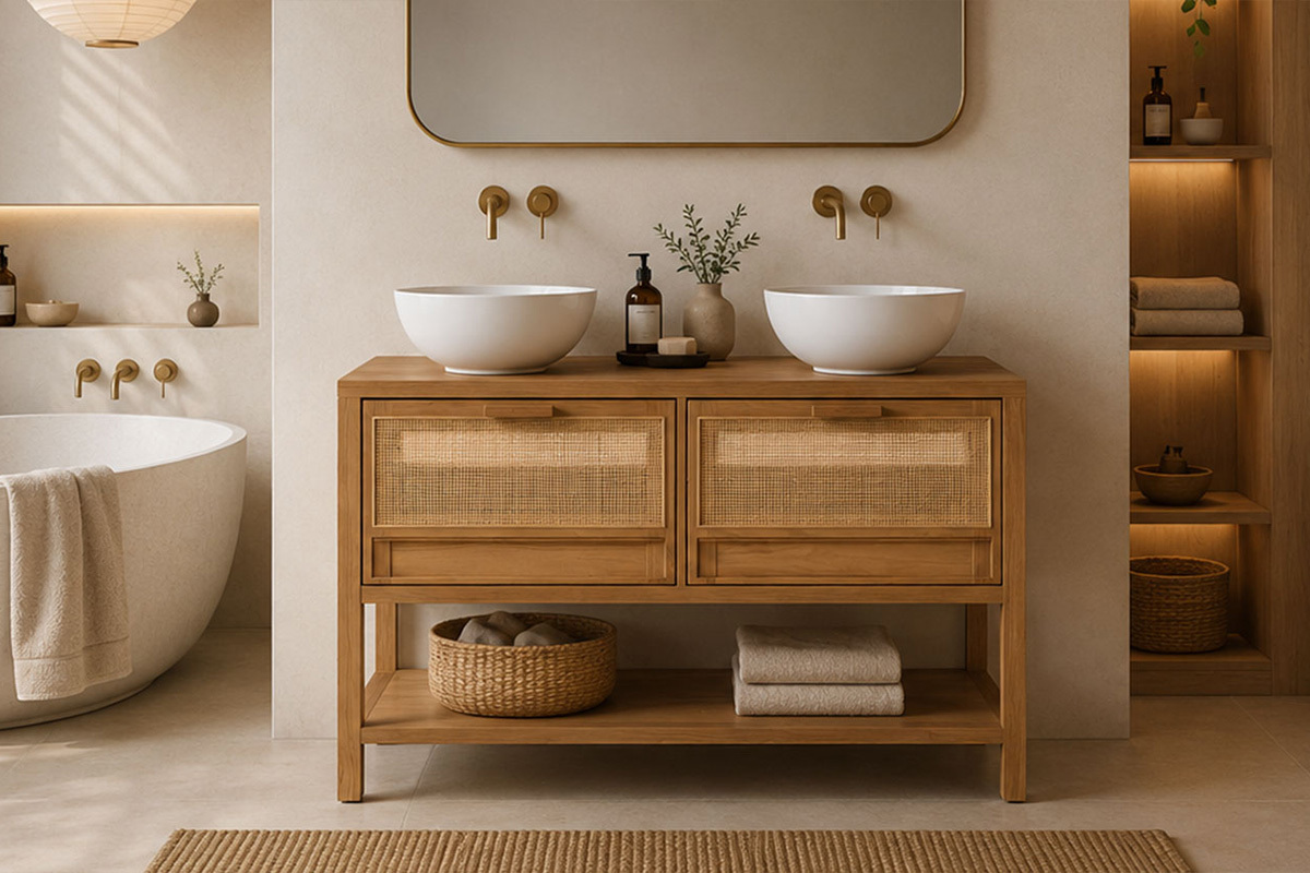 Meuble de salle de bain en bois teck massif et cannage rotin L120 cm RIVO
