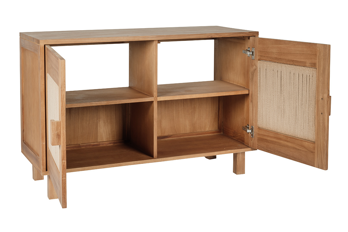 Meuble de salle de bain en bois teck massif et corde tress�e, ouvert, avec compartiments de rangement.