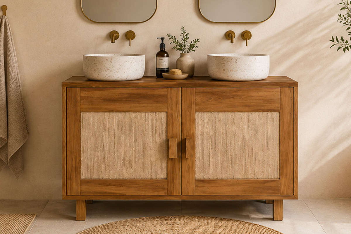Meuble de salle de bain en teck massif avec corde tress�e, vue de face, deux vasques, d�cor naturel.