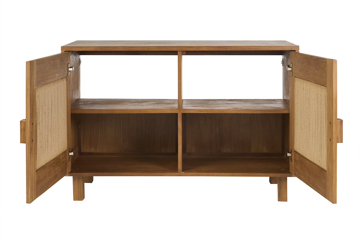 Meuble de salle de bain en bois teck massif et corde tress�e, vue frontale avec portes ouvertes