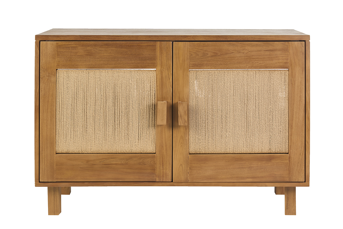 Meuble de salle de bain en bois teck massif et corde tress�e, vue de face.