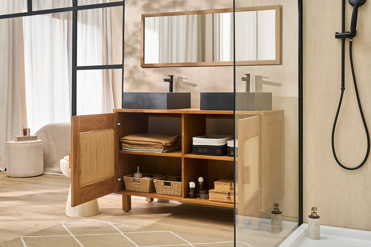 Meuble de salle de bain en bois teck massif et corde tress�e L120 cm MOSSA