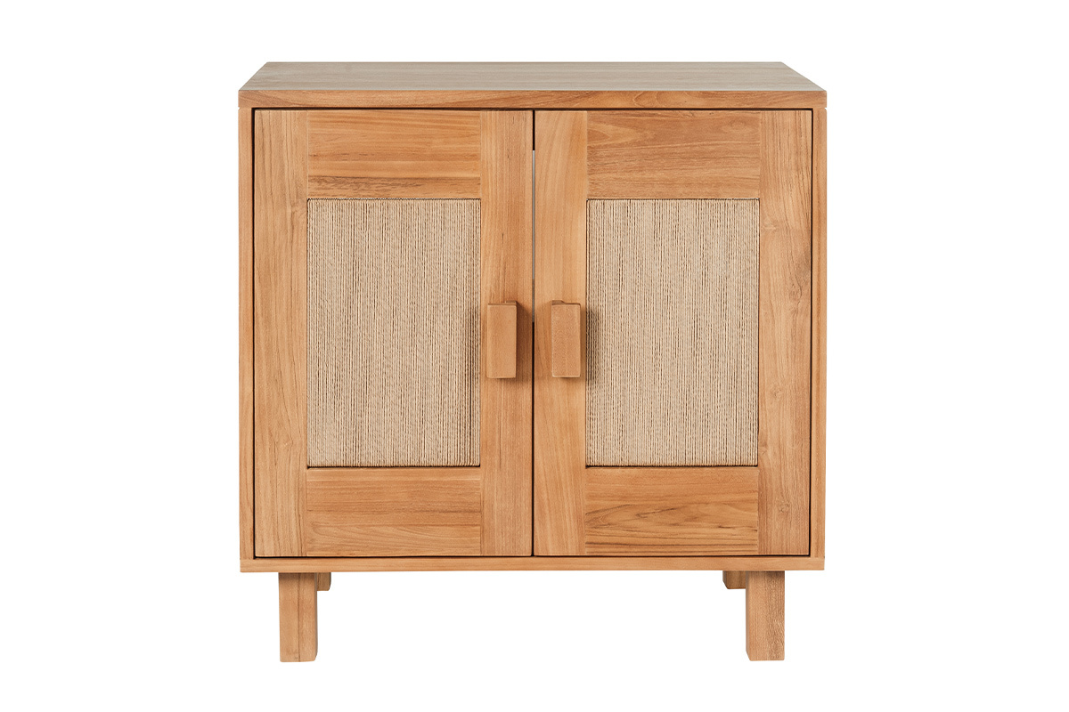 Meuble de salle de bain en bois teck massif avec portes en corde tress�e, vue de face.