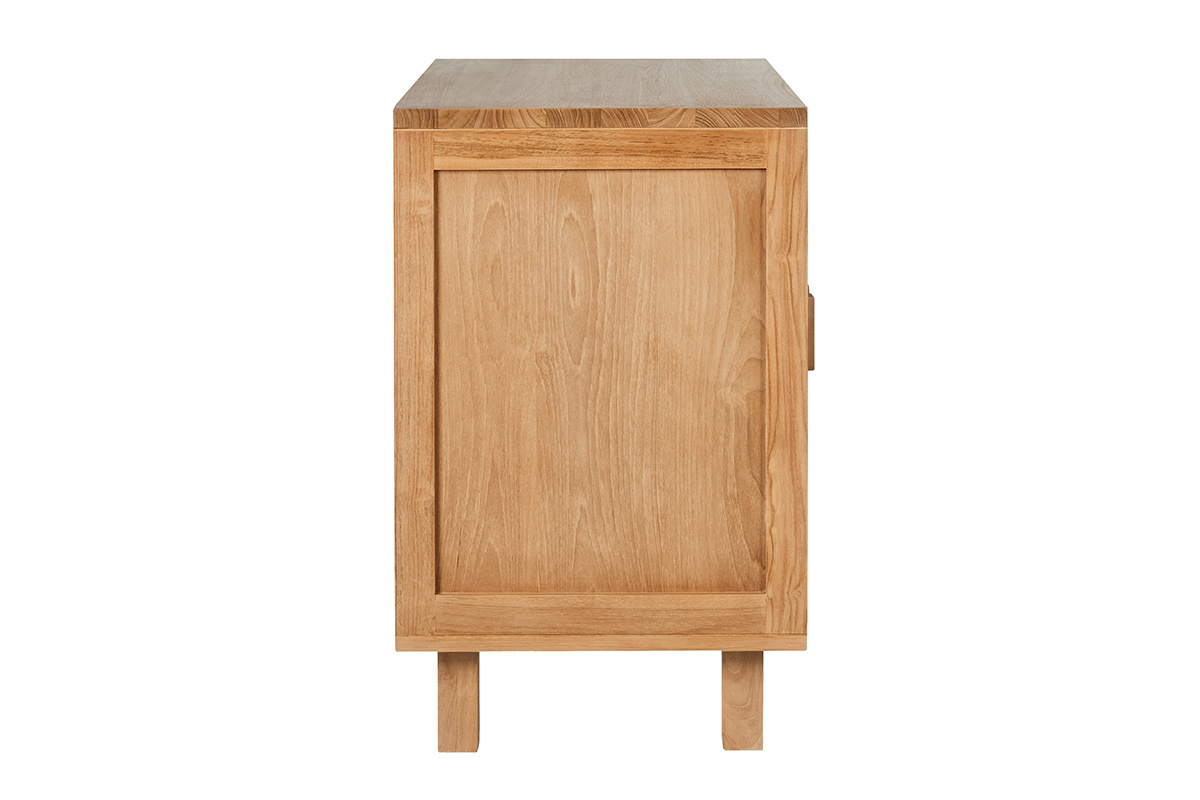 Meuble de salle de bain en bois teck, vue de profil, portes en corde tress�e.