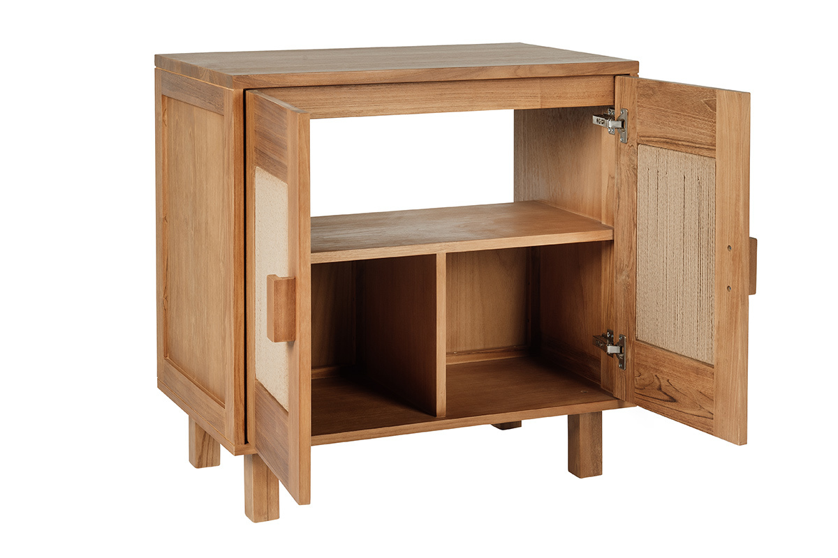 Meuble de salle de bain en teck massif avec corde tress�e, portes ouvertes, vue de 3/4
