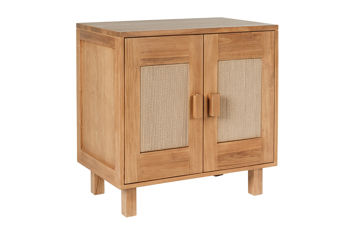Meuble de salle de bain en bois teck massif et corde tress�e, vue de trois quarts.