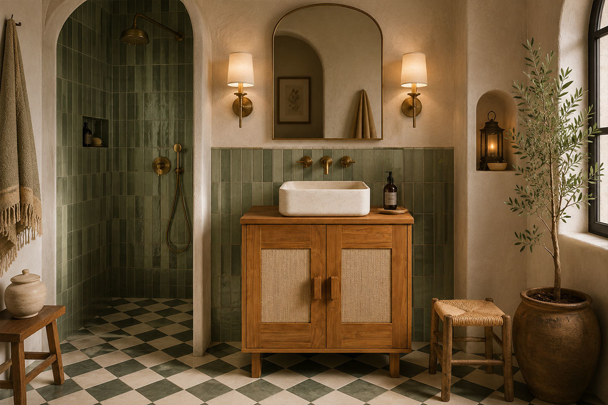 Meuble de salle de bain en teck massif avec corde tress�e, vue de face dans une salle de bain moderne.
