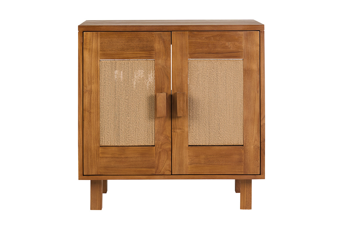 Meuble de salle de bain en bois teck massif avec portes en corde tress�e, vue de face.