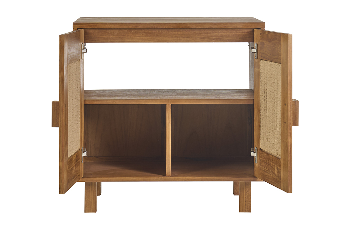Meuble de salle de bain en bois teck massif avec portes en corde tress�e, vue de face.