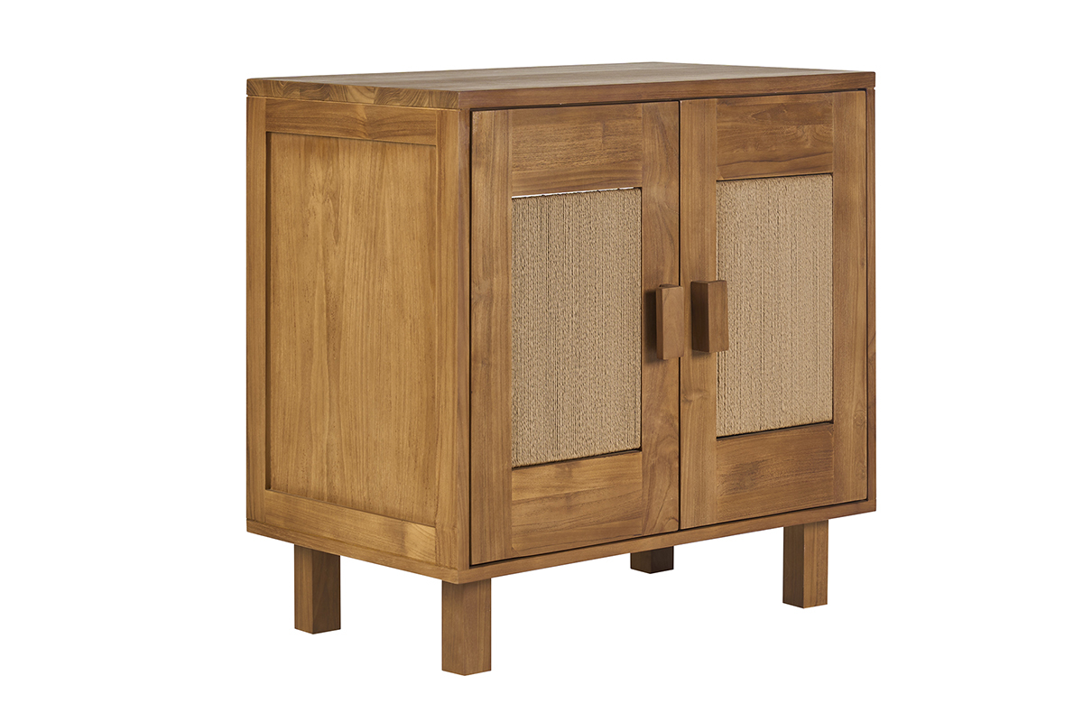 Meuble de salle de bain en bois teck massif et corde tress�e, vue de 3/4, L80 cm, mod�le MOSSA.