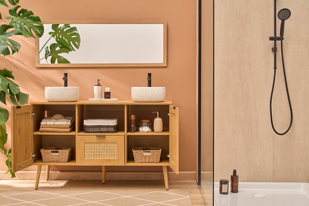Meuble de salle de bain finition bois clair, cannage rotin et m�tal noir L120 cm MANILLE