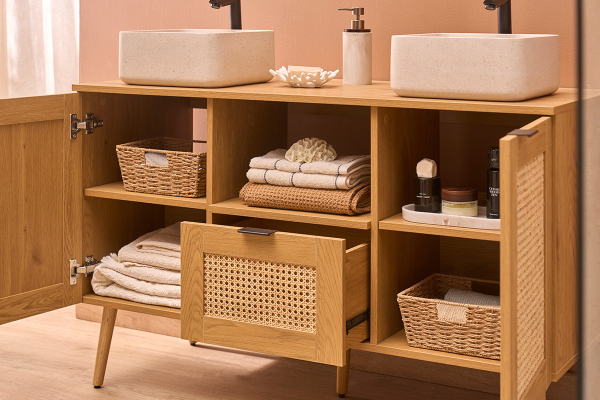 Meuble de salle de bain finition bois clair, cannage rotin et m�tal noir L120 cm MANILLE