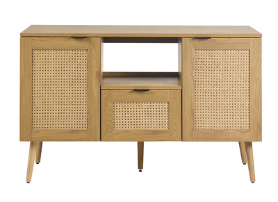Meuble de salle de bain finition bois clair, cannage rotin et m&eacute;tal noir L120 cm MANILLE