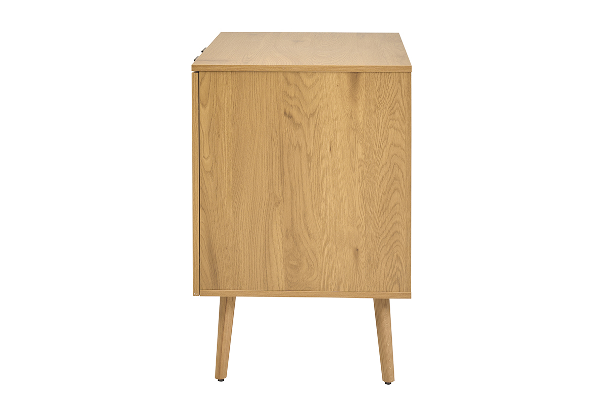 Meuble de salle de bain bois clair avec cannage rotin, vue de profil, dimensions L80 cm.