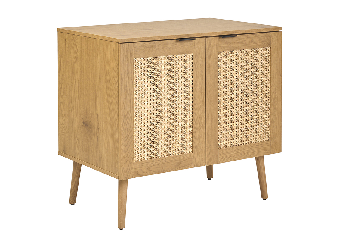 Meuble de salle de bain en bois clair avec fa�ades en cannage, vue de trois quarts.