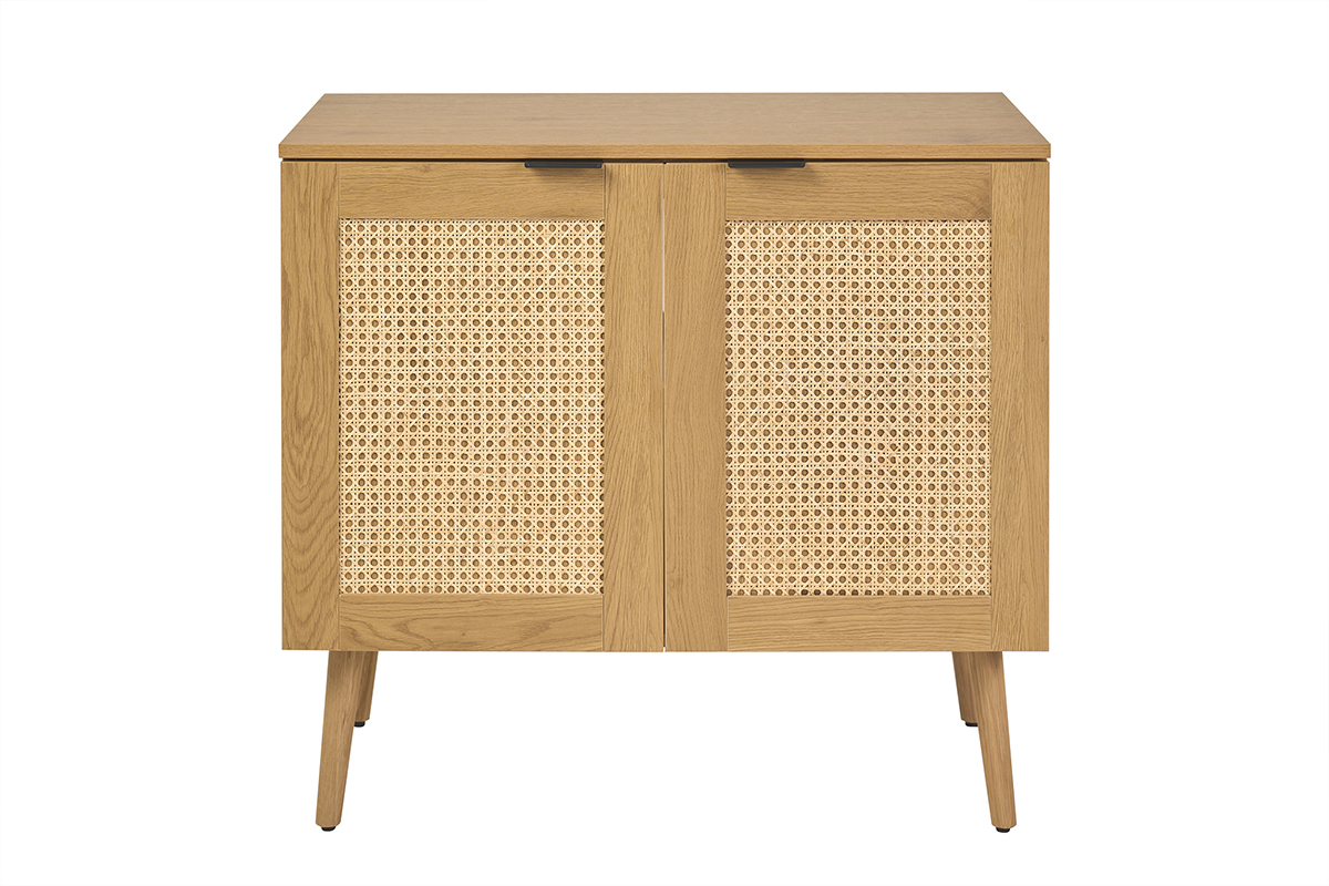 Meuble de salle de bain en bois clair avec fa�ade en cannage rotin, vue de face, L80 cm.