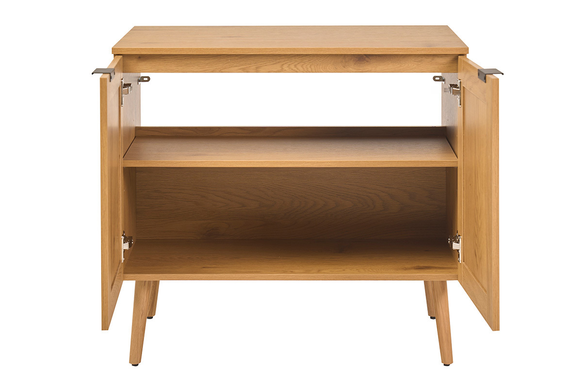 Meuble de salle de bain en bois clair, cannage rotin et m�tal noir, portes ouvertes, vue de face.