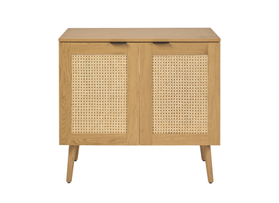 Meuble de salle de bain finition bois clair, cannage rotin et m&eacute;tal noir L80 cm MANILLE