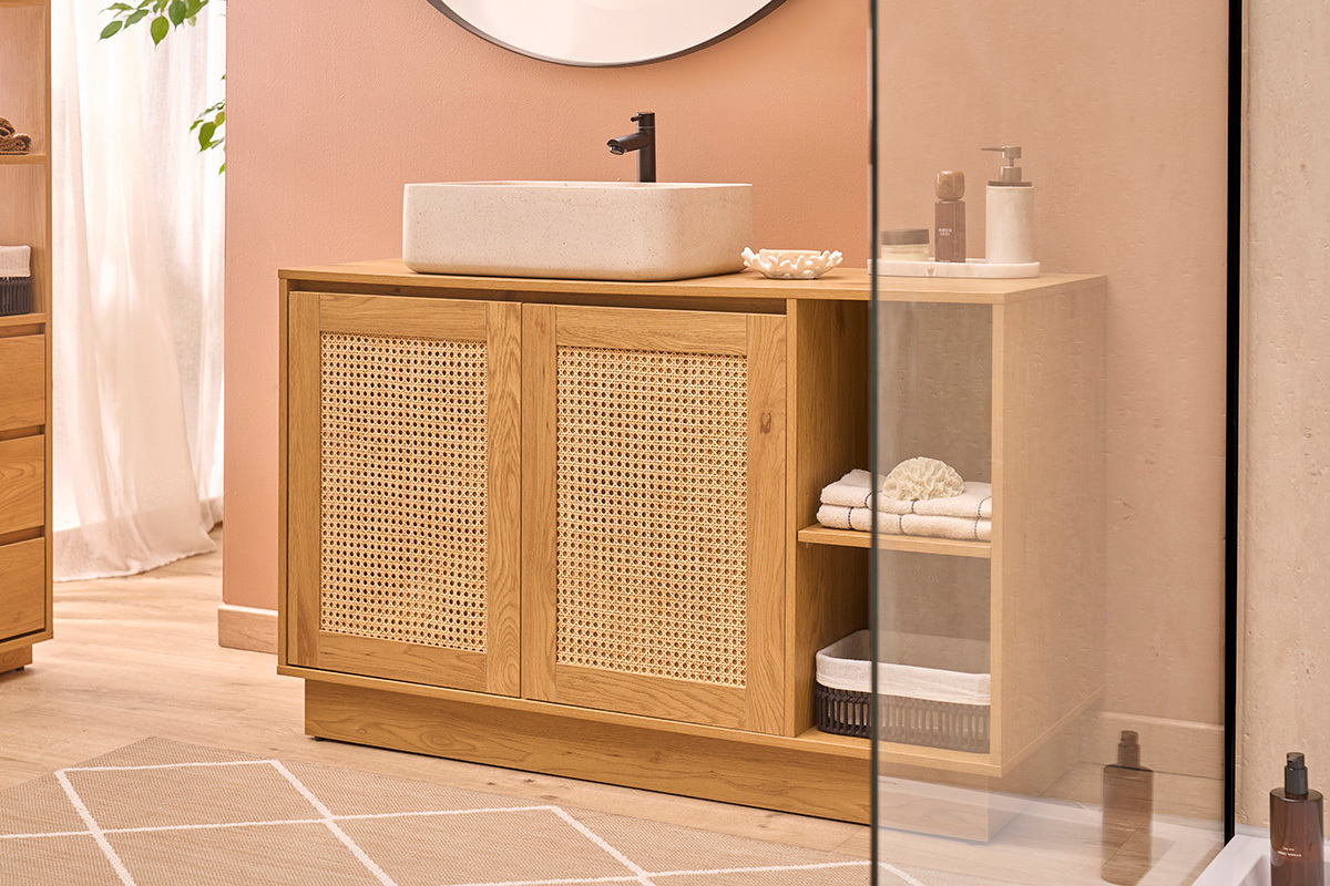 Meuble de salle de bain finition bois clair ch�ne et cannage rotin L120 cm ALICANTE